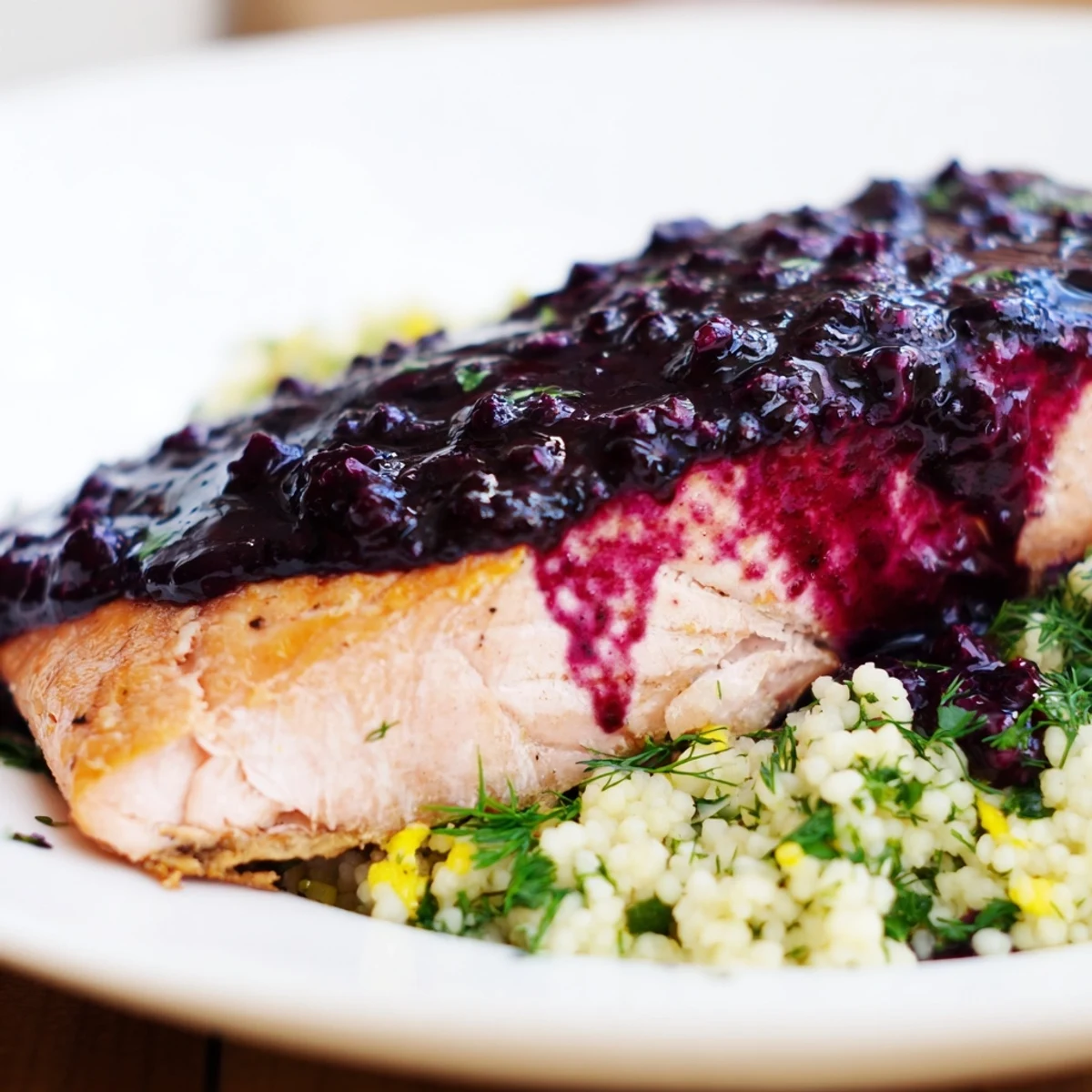 Flaky Blueberry Glazed Salmon with Lemon Herb Couscous on a white plate, garnished with fresh dill and lemon.