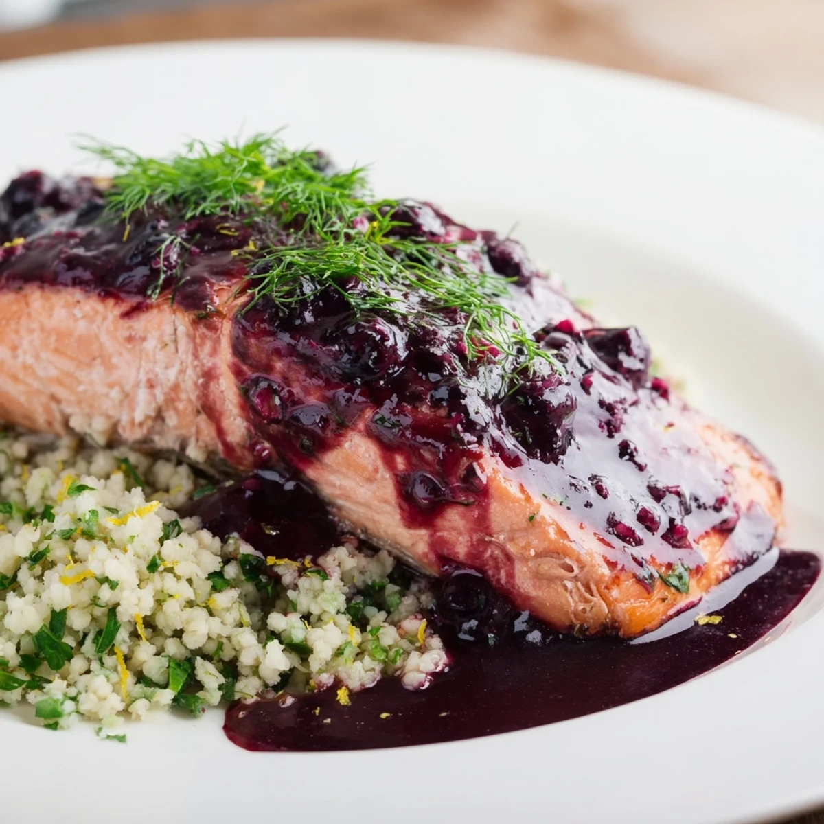 A close-up of Blueberry Glazed Salmon with Lemon Herb Couscous, showing glistening fish and fluffy grains.