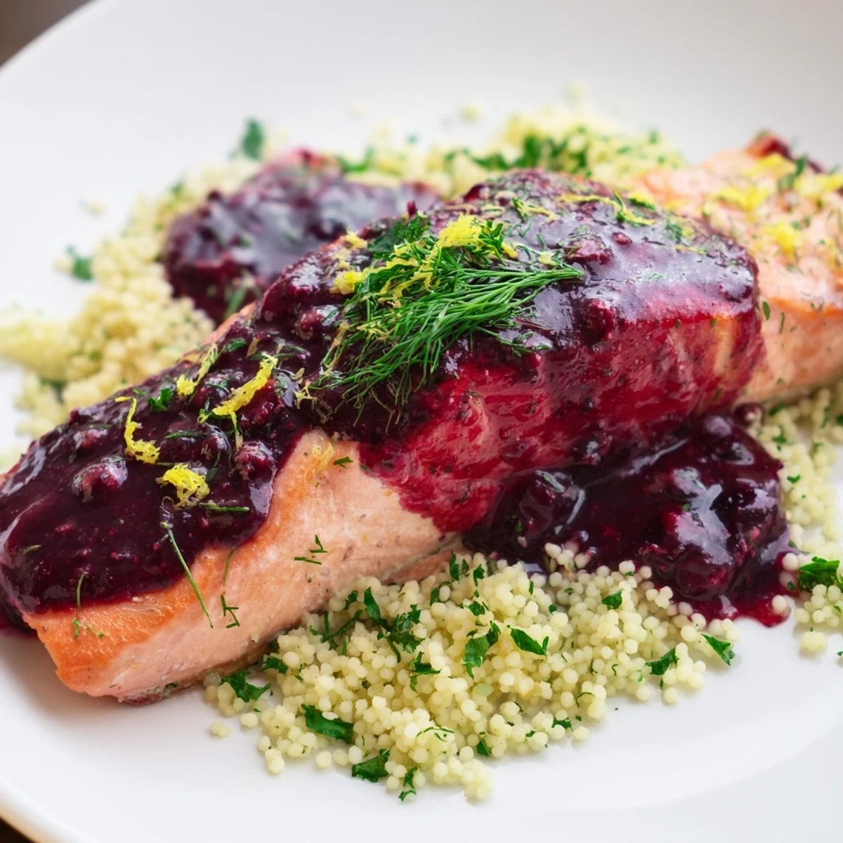 Overhead view of Blueberry Glazed Salmon with Lemon Herb Couscous, highlighting the vibrant purple glaze and herbs.