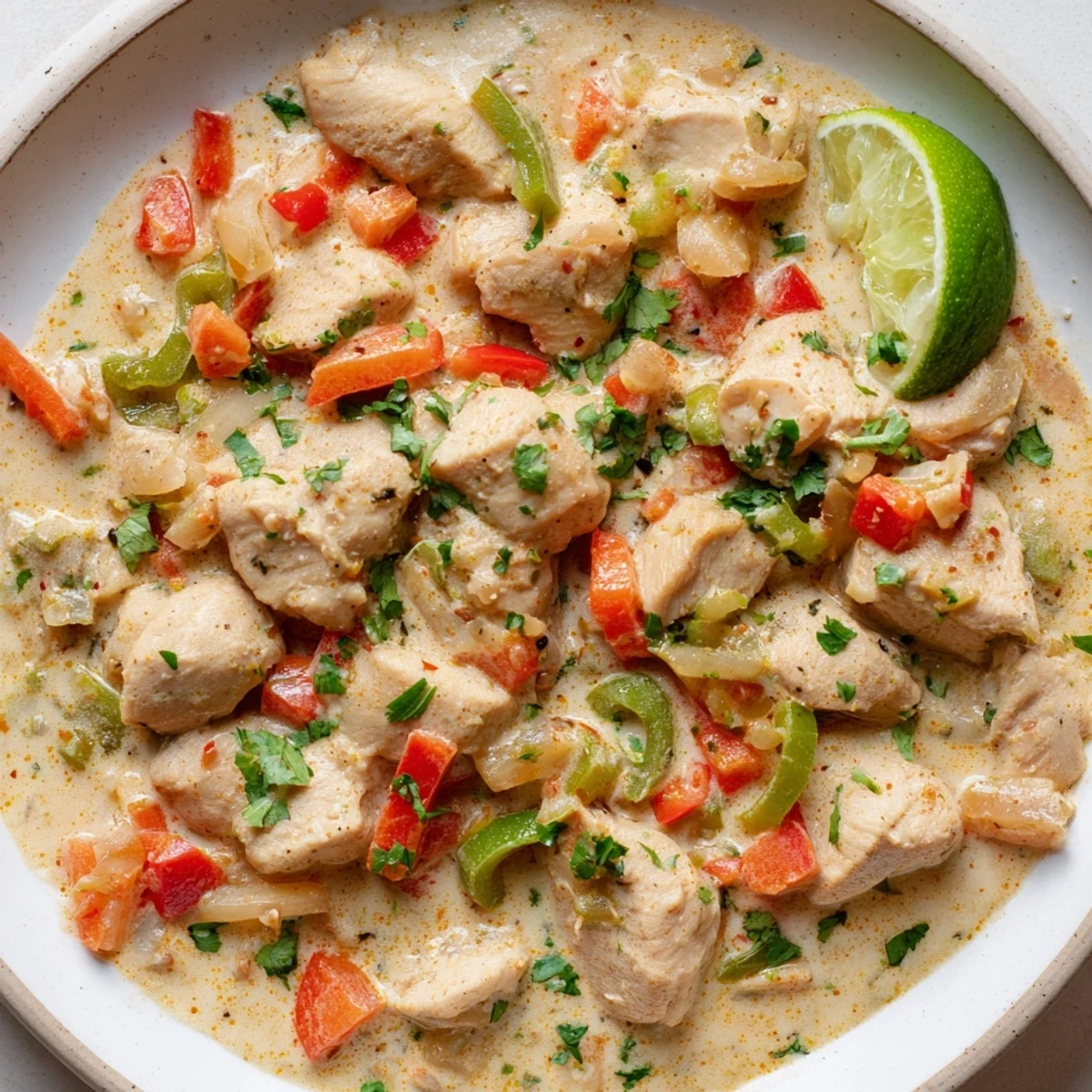 A close-up of Brazilian Coconut Chicken in a white bowl, creamy golden sauce glistening with cilantro garnish and visible chunks of tender chicken.