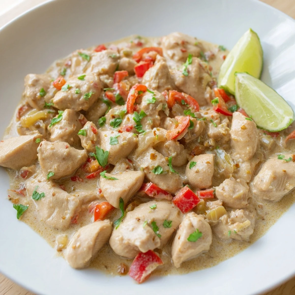 Close view of Brazilian Coconut Chicken in a shallow bowl, creamy coconut sauce with bell peppers and tender chicken pieces, fresh cilantro on top.