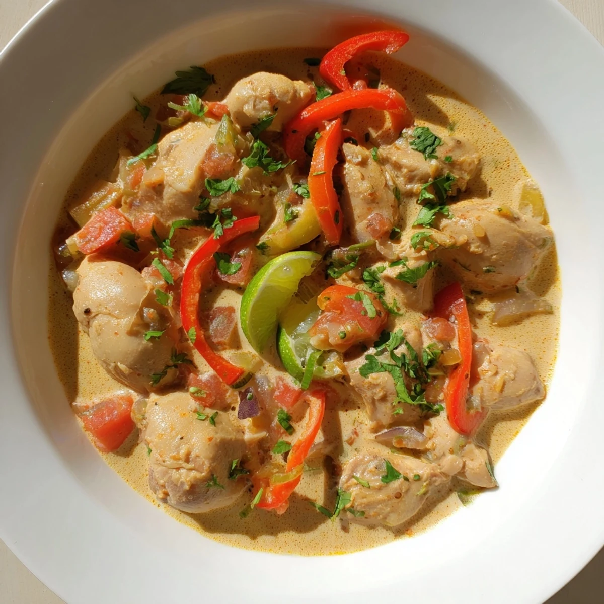 Brazilian Coconut Chicken served over fluffy white rice in a rustic skillet, spoon with sauce ready to scoop, Brazilian-inspired spices visible.