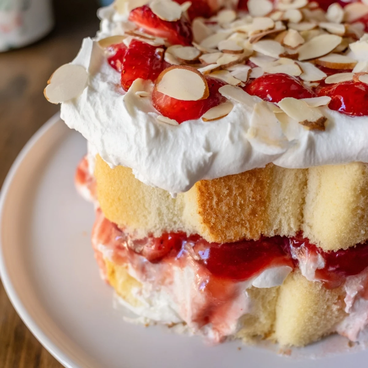 A trifle dish showcases layered Heaven on Earth Cake with angel food cake cubes, creamy vanilla pudding, and sweet strawberry filling.