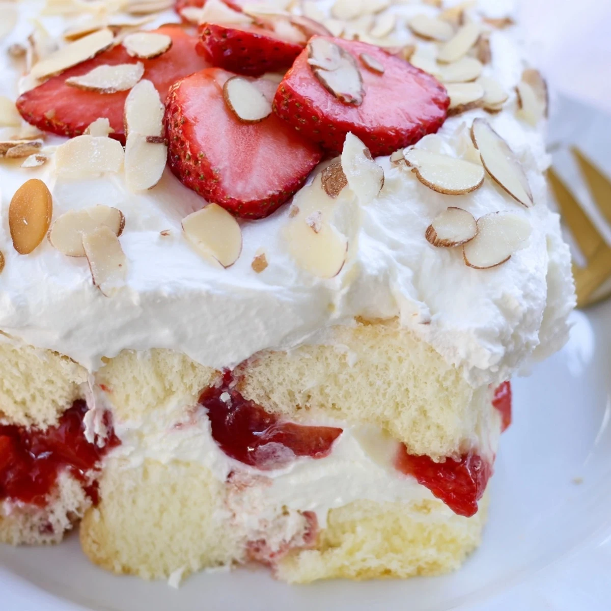 Fresh strawberries and sliced almonds garnish chilled Heaven on Earth Cake, perfect for a summer potluck or barbecue dessert spread.