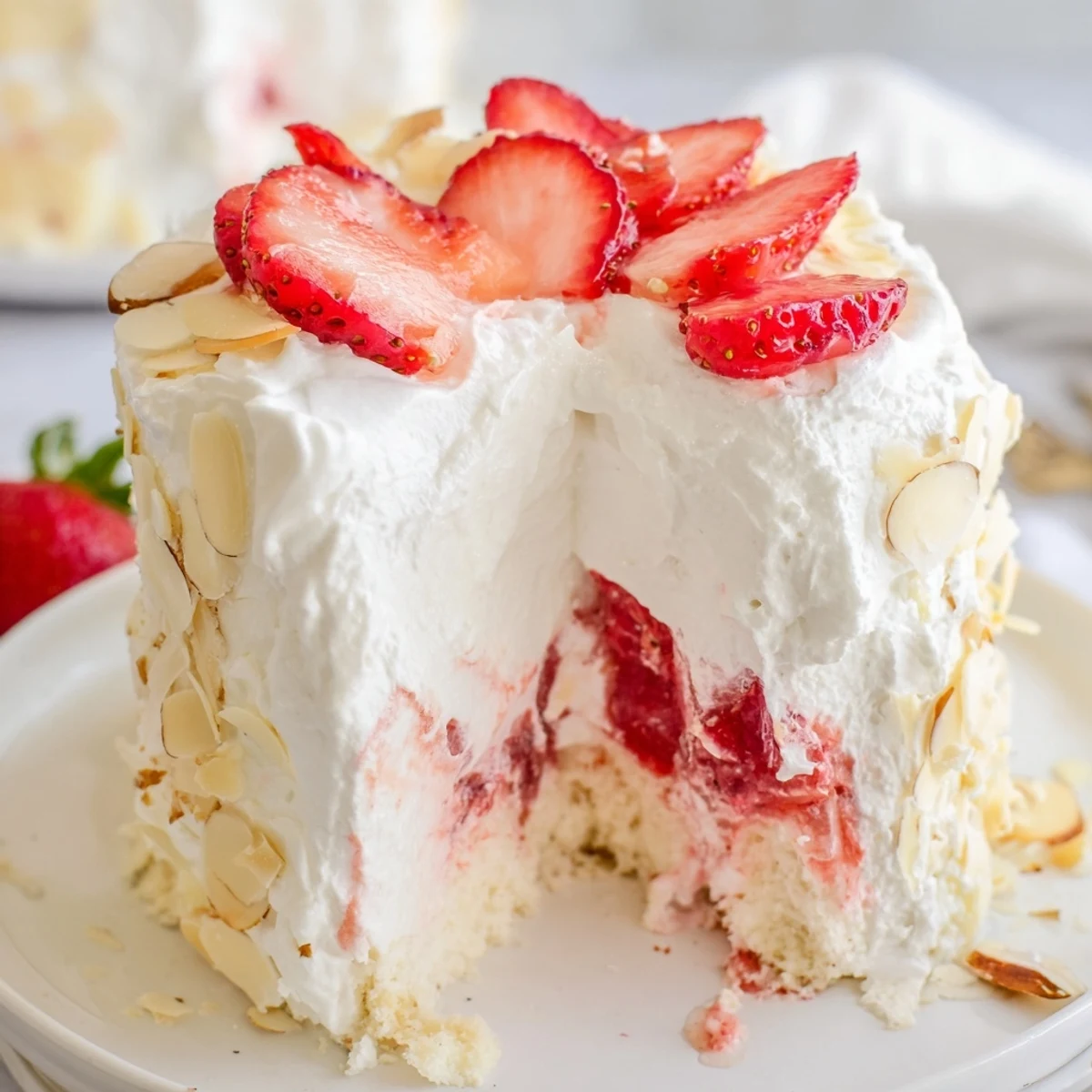 A close-up of Heaven on Earth Cake reveals fluffy cake layers soaked in strawberry sauce, with smooth vanilla pudding and whipped topping.