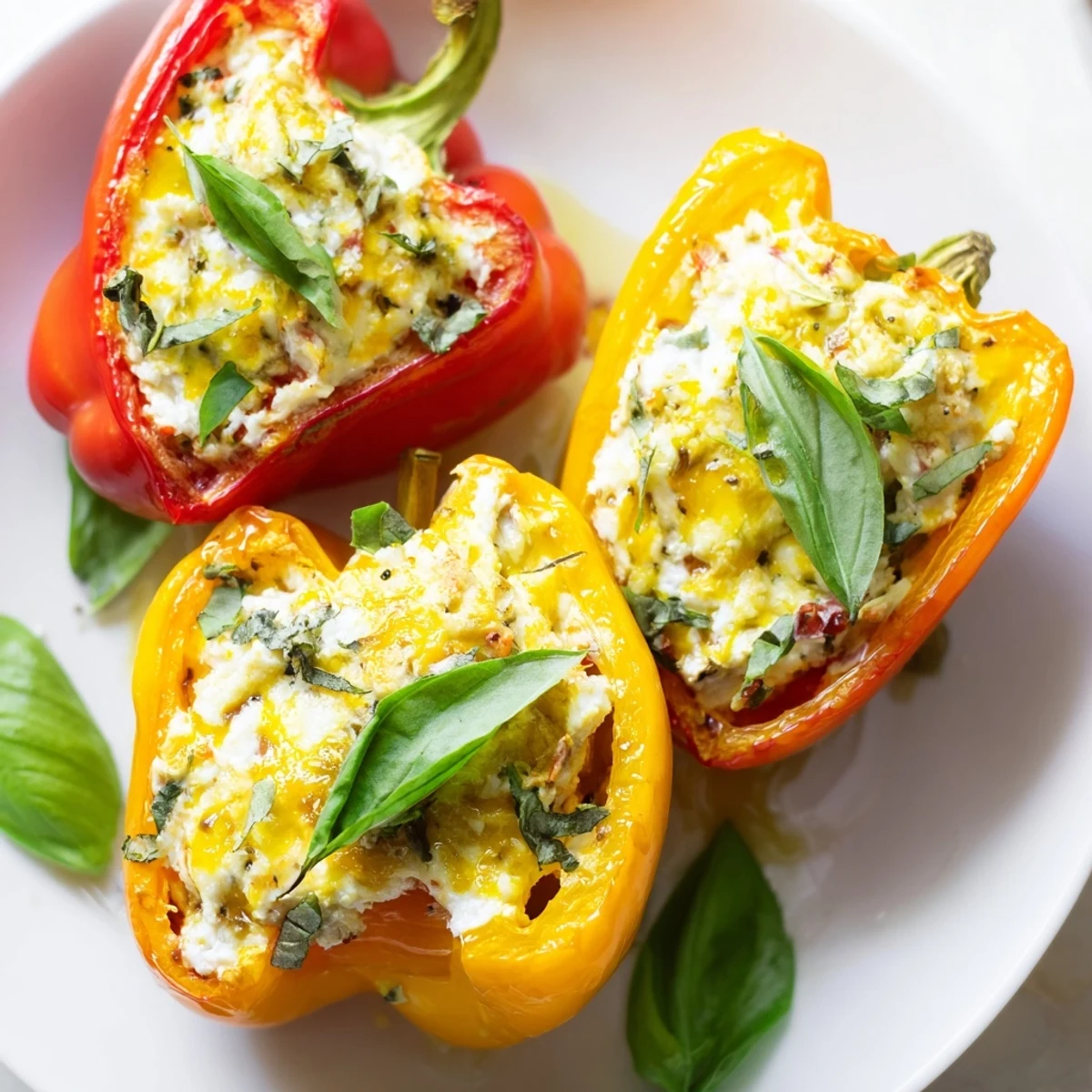 Colorful bell pepper halves filled with creamy ricotta herb mixture, served warm from the oven.