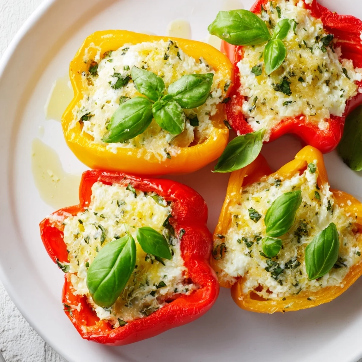 Ricotta Stuffed Peppers topped with melted mozzarella and Parmesan, paired with a crisp green salad.