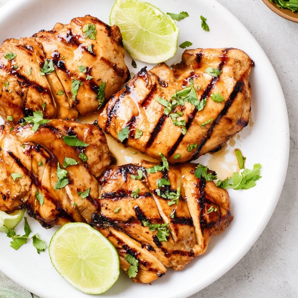 Juicy Spicy Honey Lime Chicken breasts marinated in tangy sauce, garnished with cilantro and ready to enjoy with a crisp salad.