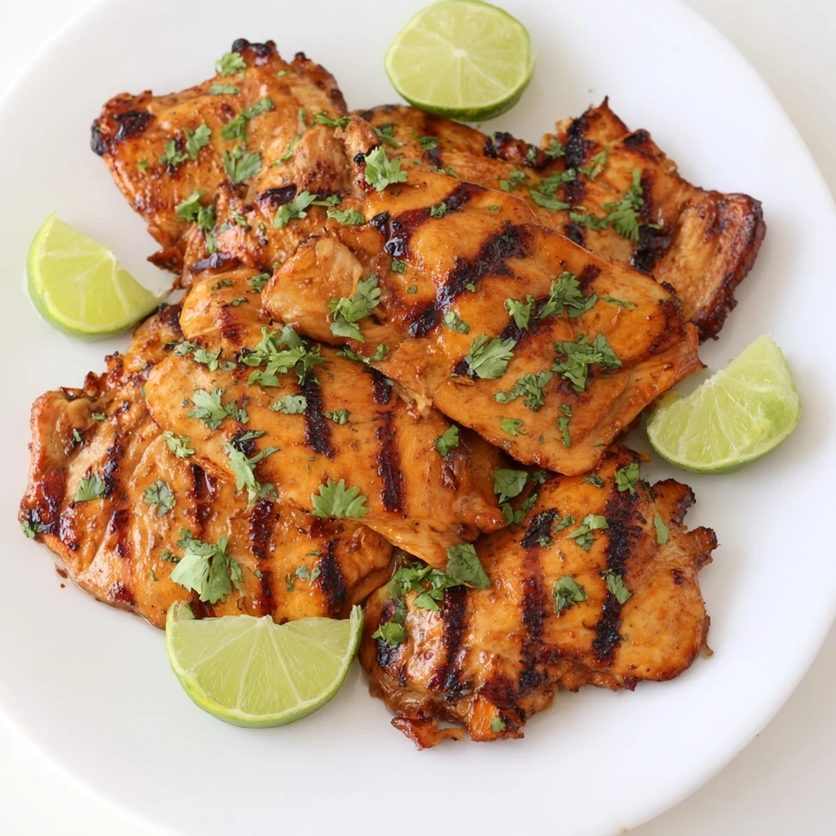 Freshly grilled Spicy Honey Lime Chicken thighs with char marks, served over fluffy white rice and colorful grilled vegetables. 