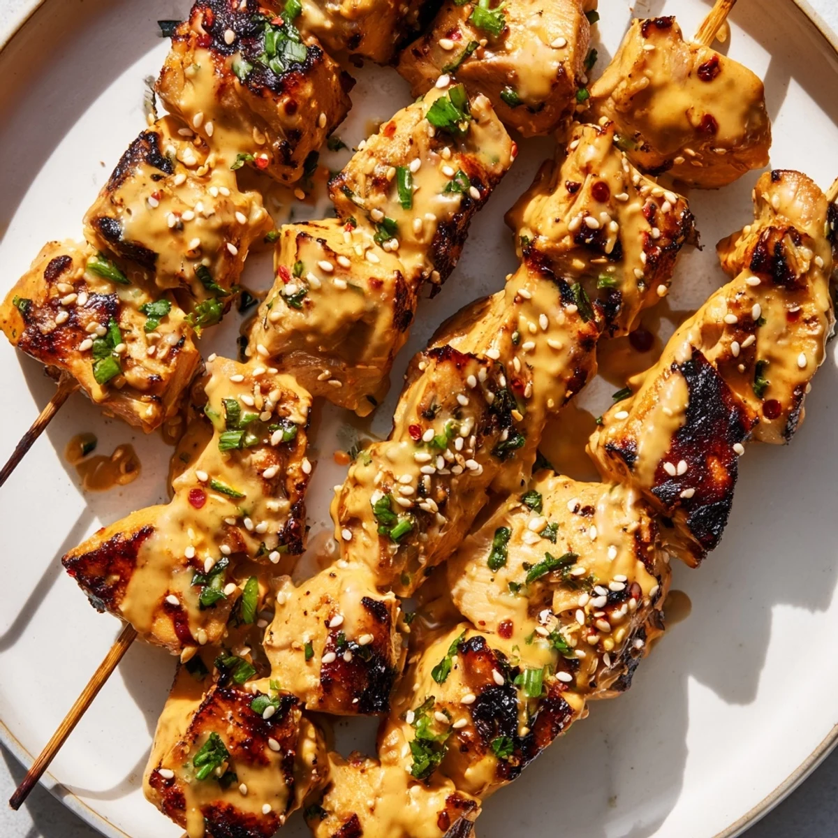Grilled Bang Bang Chicken Skewers glistening with creamy, spicy-sweet sauce and fresh cilantro garnish on a serving platter.