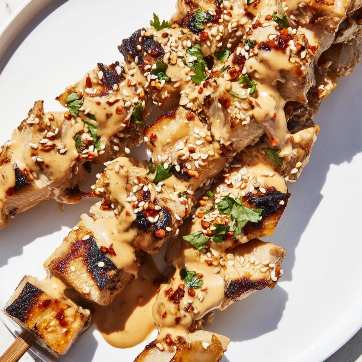 Juicy Bang Bang Chicken Skewers paired with lime wedges and steamed rice for a flavorful weeknight dinner.