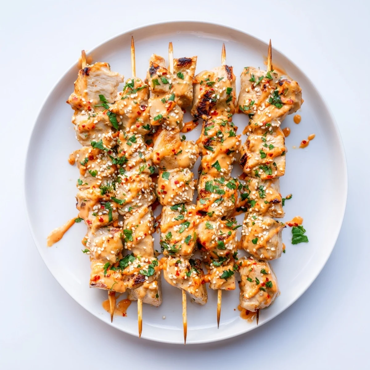 Charred Bang Bang Chicken Skewers brushed with sauce and sprinkled with sesame seeds on a rustic wooden board.