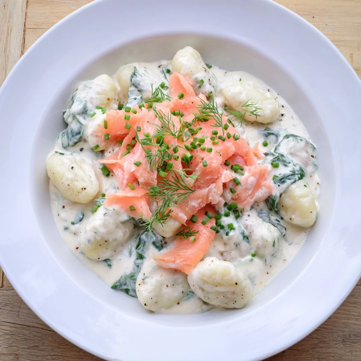 Warm Healthy Smoked Salmon Gnocchi served on a plate with fresh lemon wedges and dill.