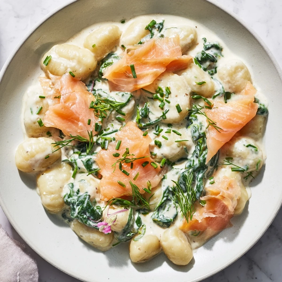 Healthy Smoked Salmon Gnocchi with wilted spinach garnished with chives, ready for a quick dinner.