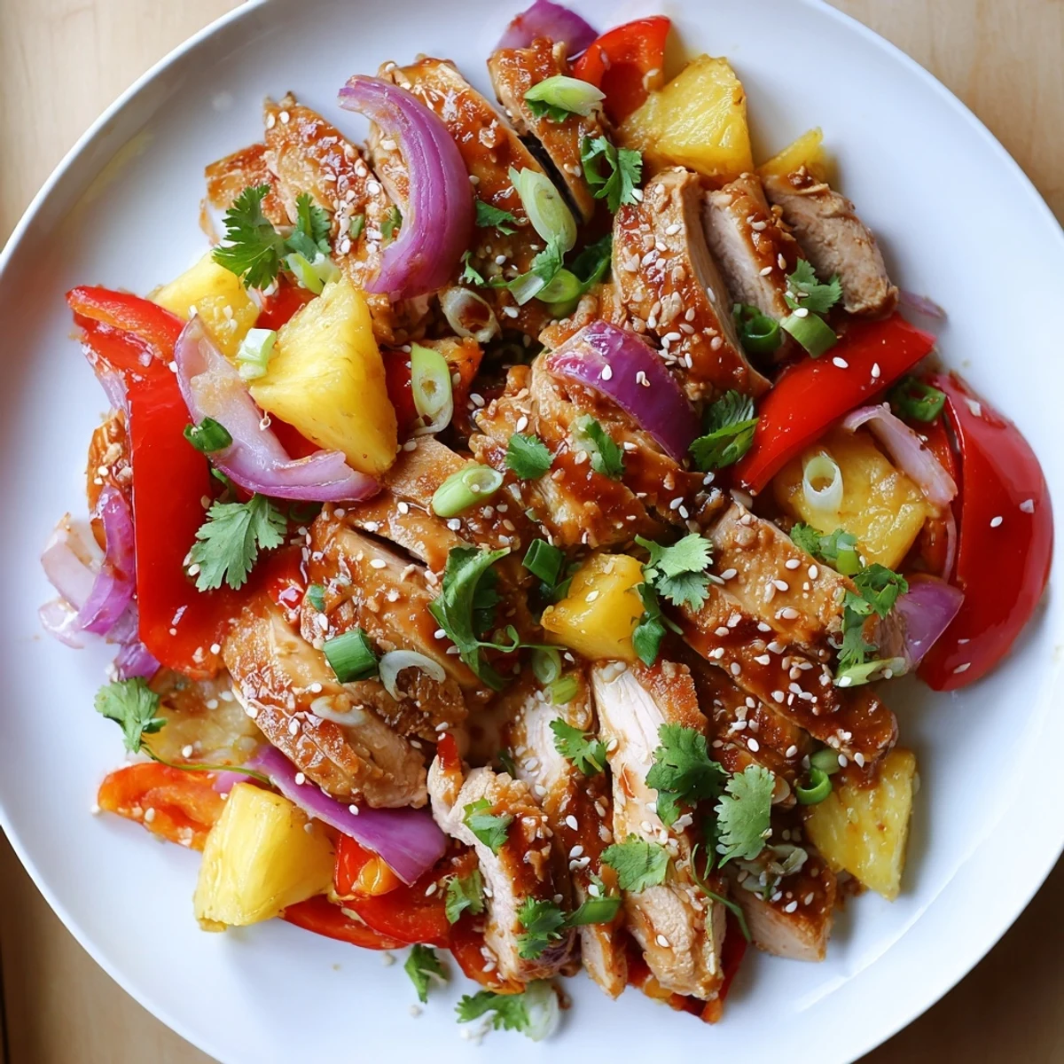 Golden-brown Marry Me Sheet Pan Hawaiian Chicken rests beside roasted pineapple chunks and colorful bell pepper strips on a parchment-lined sheet pan.