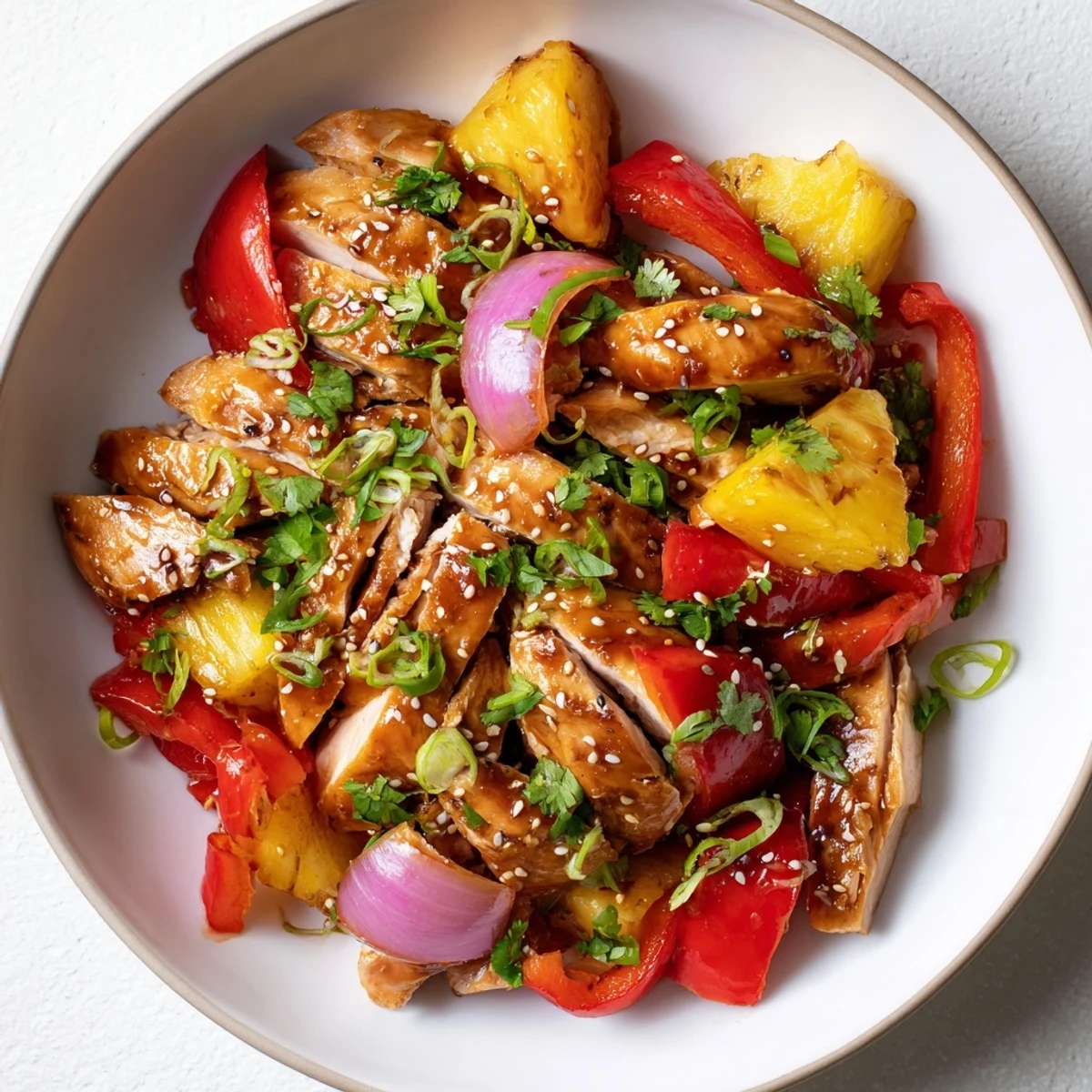 A close-up of Marry Me Sheet Pan Hawaiian Chicken glazed with tangy sauce, garnished with fresh cilantro and toasted sesame seeds.