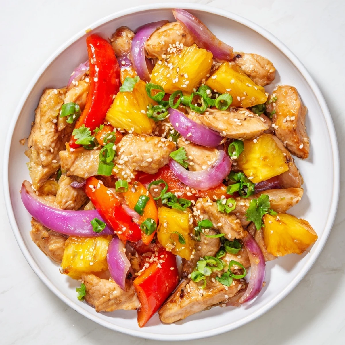 Marry Me Sheet Pan Hawaiian Chicken served on a white plate with steamed rice and extra pineapple, ready for a family dinner.