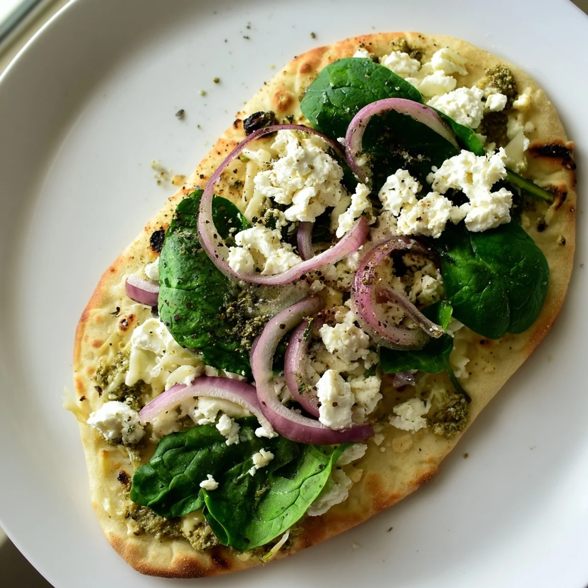 A slice of spinach and feta flatbread pizza lifted from the baking sheet, revealing a bubbly, golden crust.