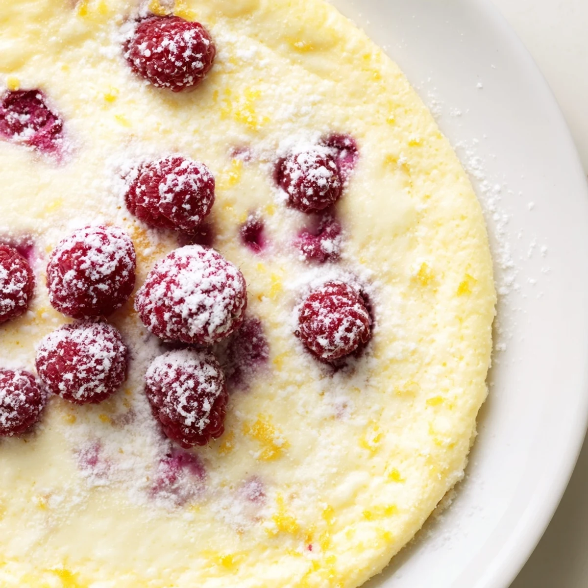A slice of Lemon Raspberry Cottage Cheese Bake showing creamy texture with fresh raspberries on a white plate.