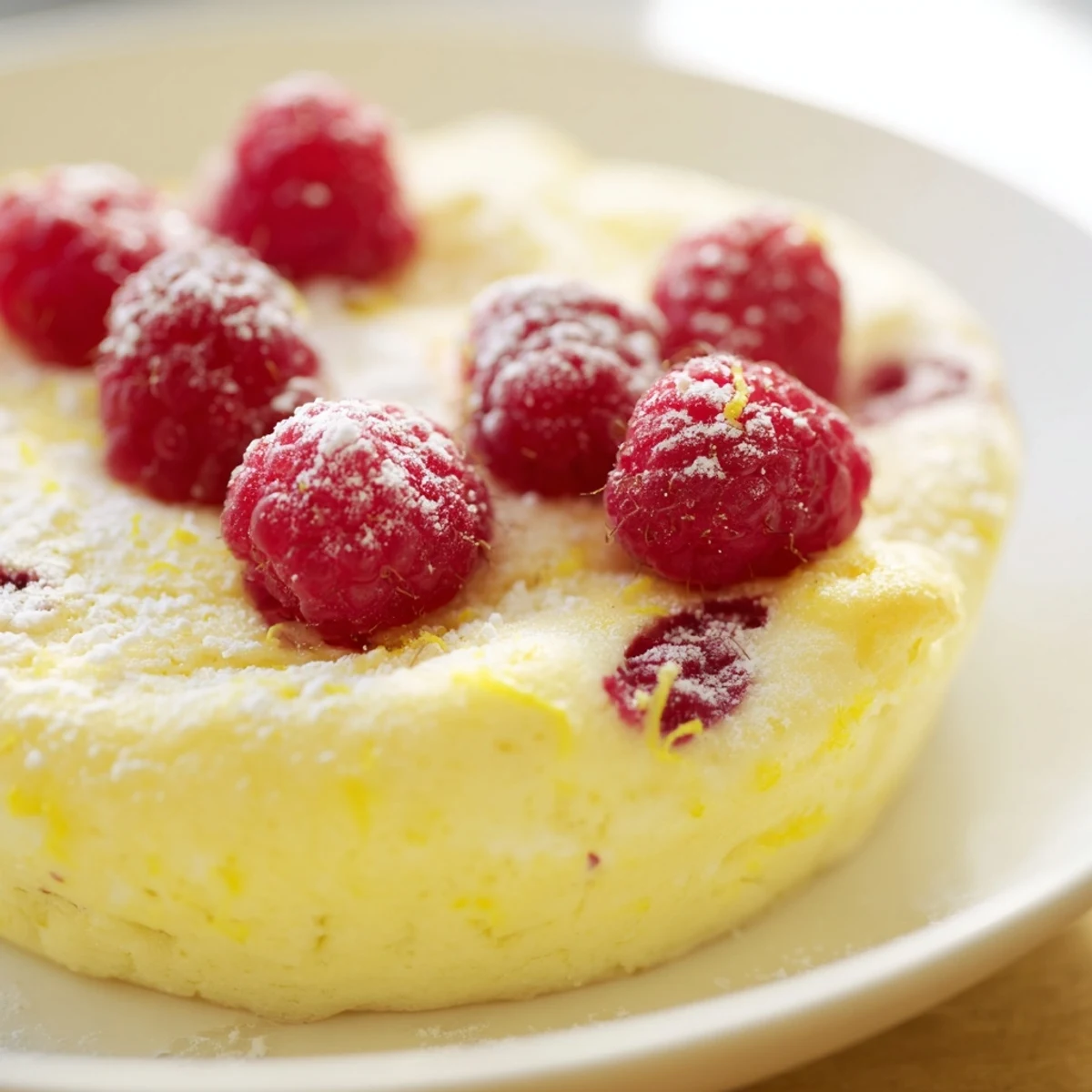 Lemon Raspberry Cottage Cheese Bake garnished with powdered sugar and extra berries on a rustic wooden table.
