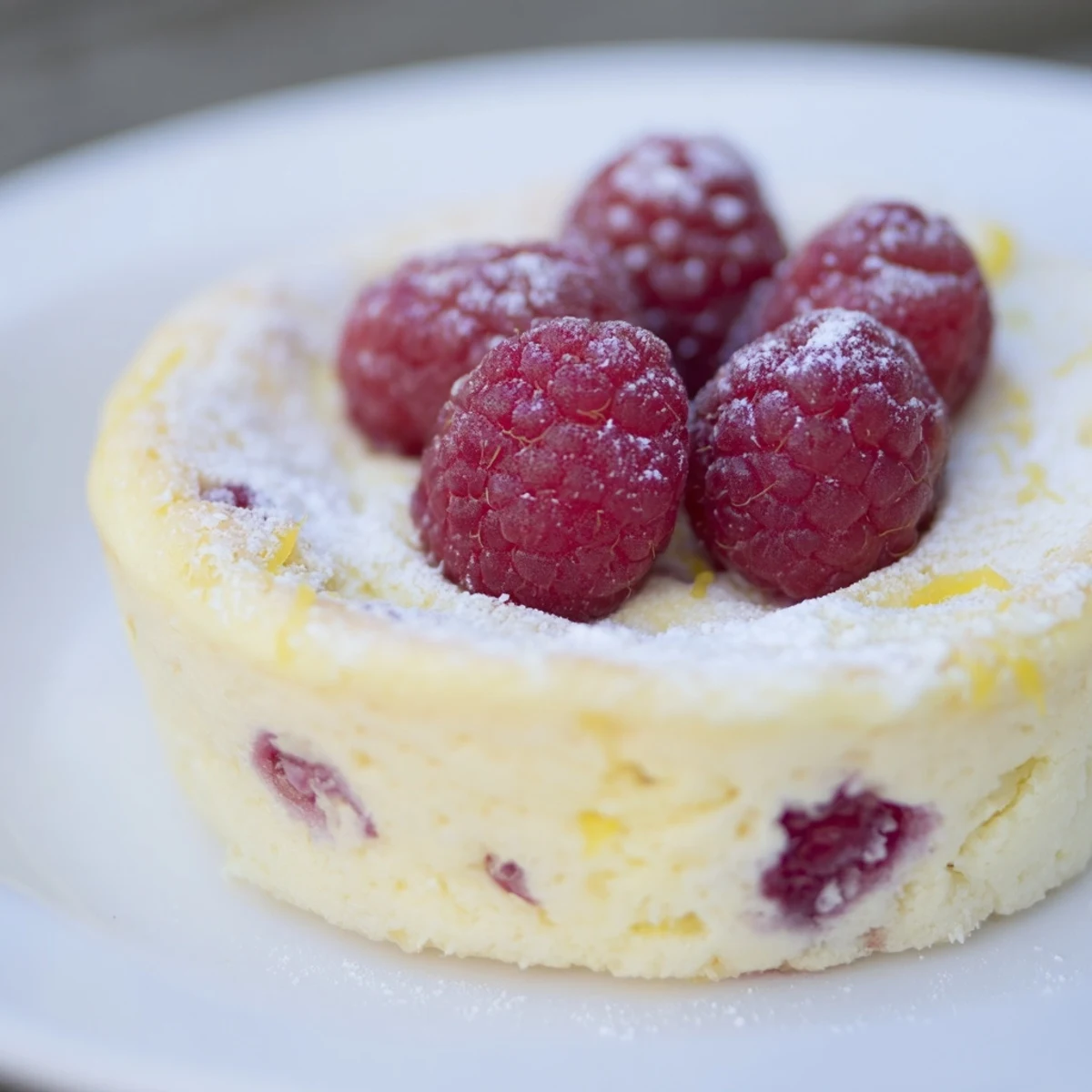 Close-up of Lemon Raspberry Cottage Cheese Bake highlighting golden edges and vibrant raspberry pockets in a baking dish.
