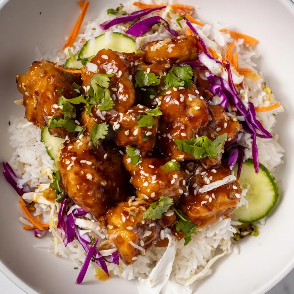 Marry Me Sweet Chili Chicken Bowl with Coconut Lime Drizzle sits ready to serve, featuring glossy chicken, crunchy veggies, and a creamy drizzle.