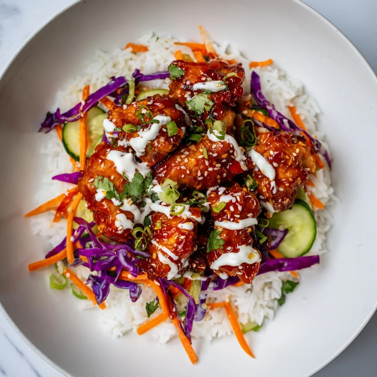 A close view of Marry Me Sweet Chili Chicken Bowl with Coconut Lime Drizzle over jasmine rice, topped with cilantro and sesame seeds.