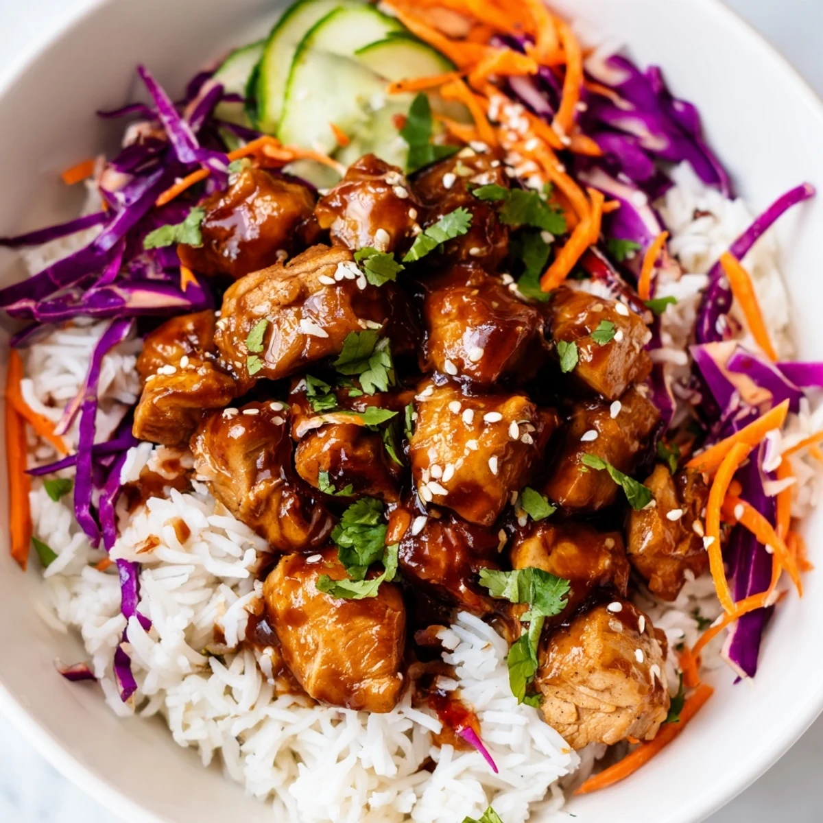 Colorful Marry Me Sweet Chili Chicken Bowl with Coconut Lime Drizzle includes purple cabbage, carrots, and cucumber, finished with zesty lime wedges.