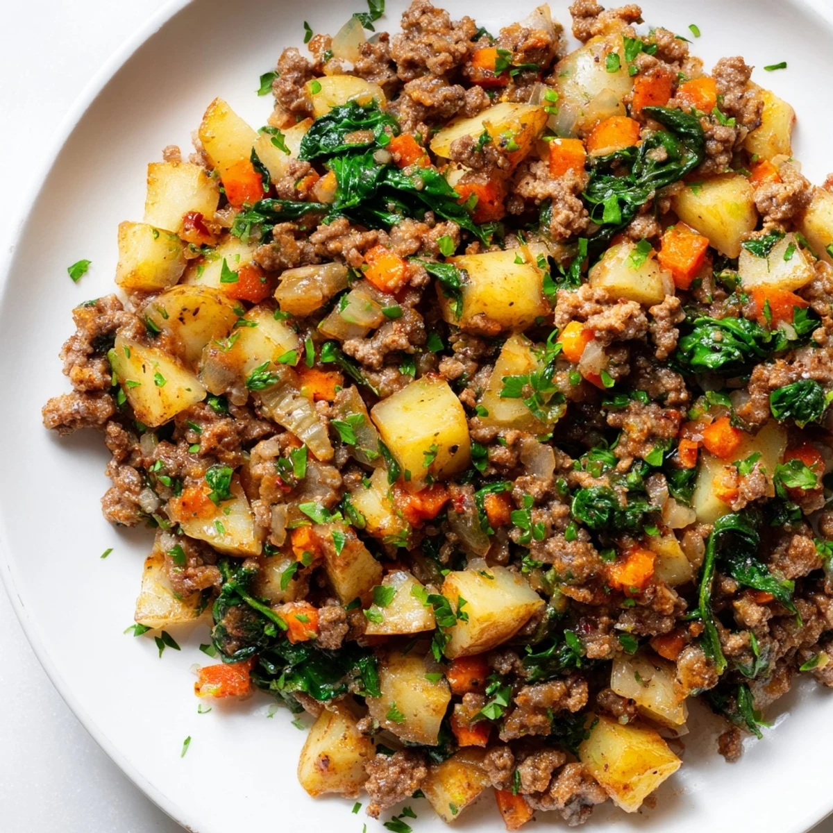 Sizzling lean ground beef, diced russet potatoes, and vibrant carrots simmer in a skillet with paprika and thyme for a hearty High Protein Ground Beef and Potatoes main dish.  