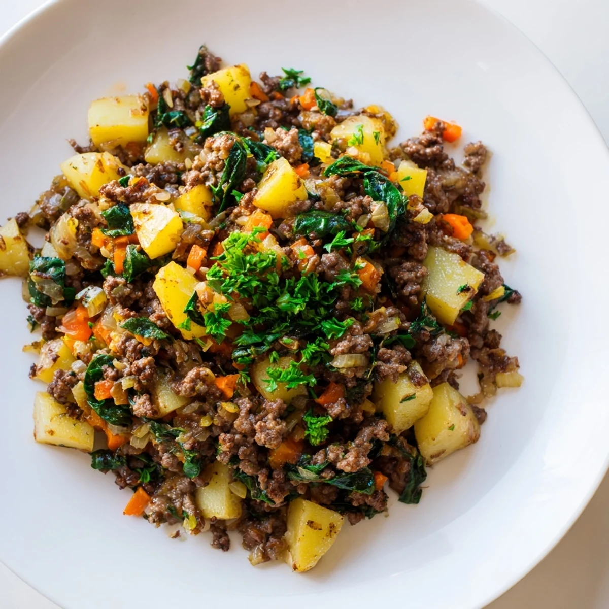 The finished High Protein Ground Beef and Potatoes is served in a cast-iron skillet, topped with melted cheddar and fresh parsley, showcasing tender potatoes and savory beef.  