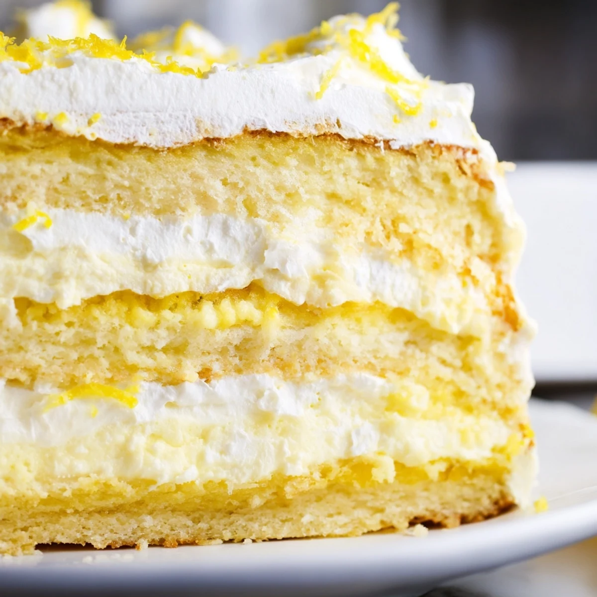 A slice of Limoncello Mascarpone Cake shows creamy frosting and bright lemon zest on a white plate.