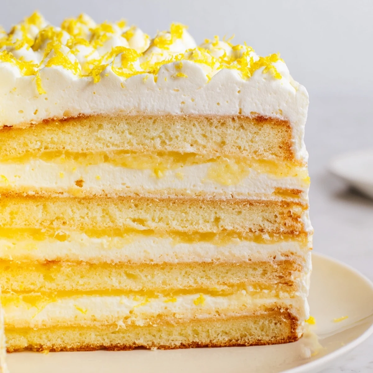 Close-up of Limoncello Mascarpone Cake, garnished with lemon slices and white chocolate curls for a festive look.