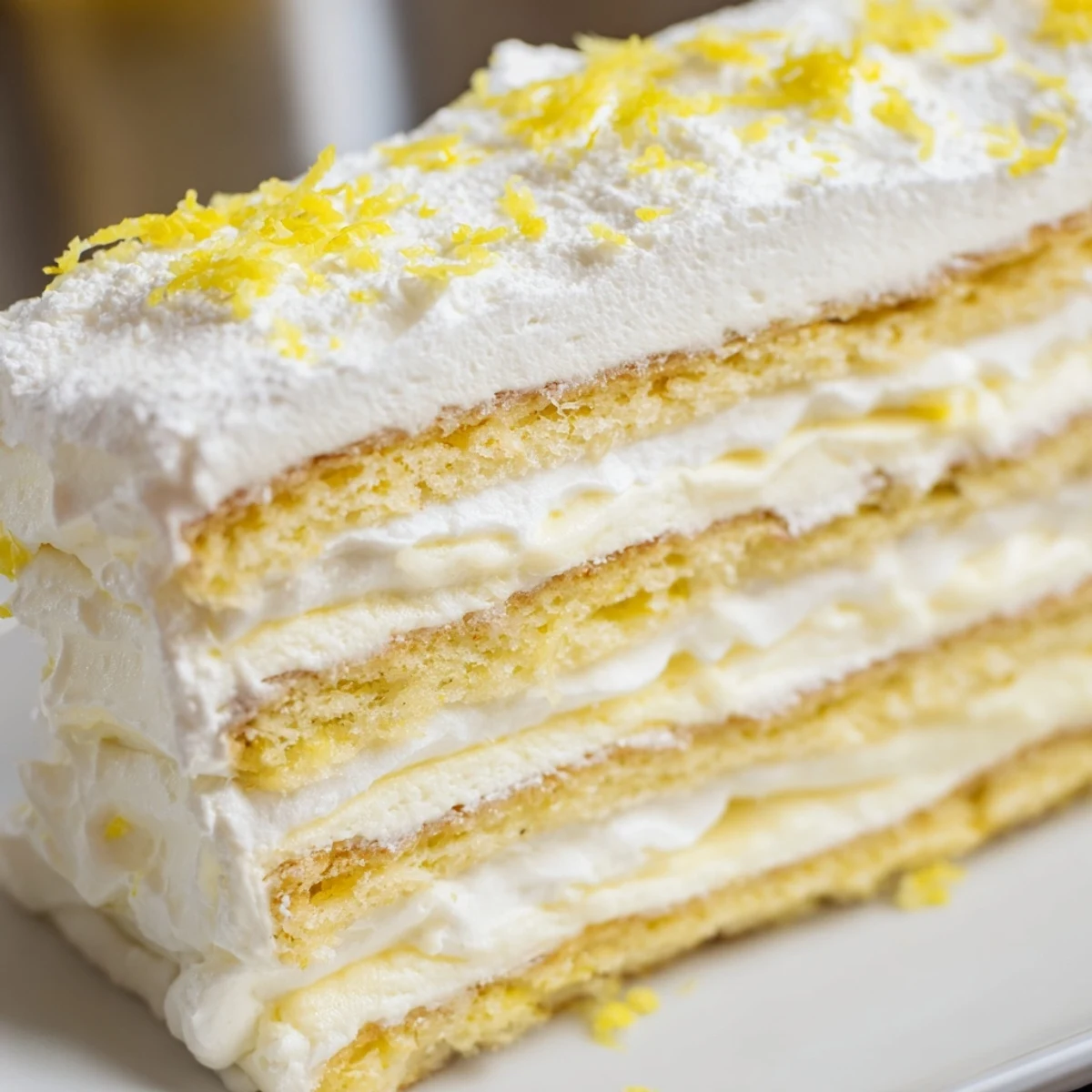 Limoncello Mascarpone Cake layers with syrup-soaked sponge and mascarpone cream, ready to serve on a dessert table.