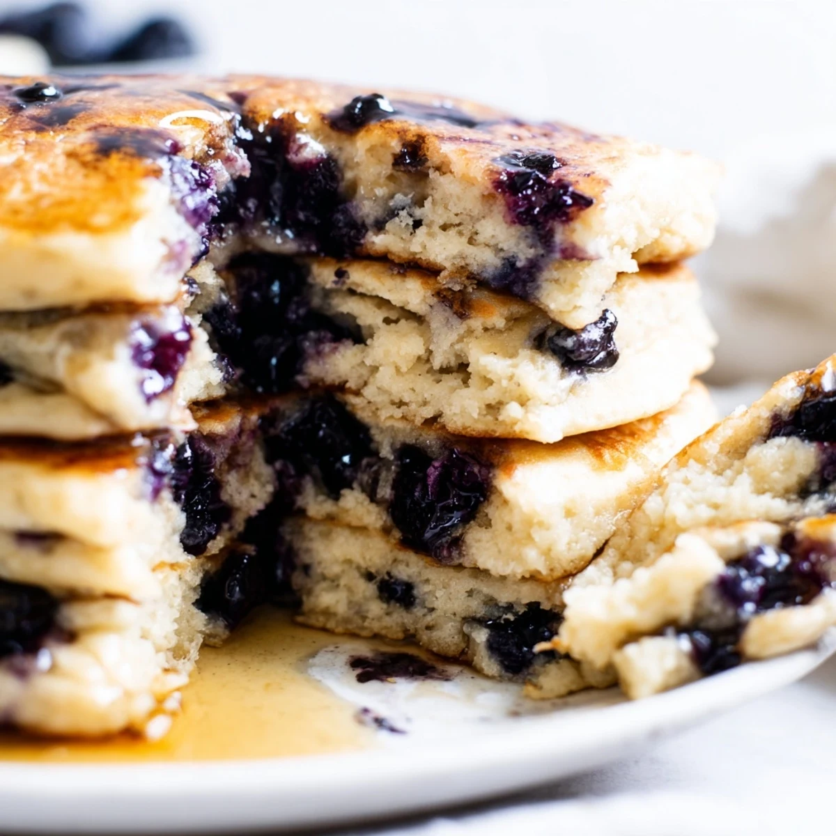 Fluffy Greek Yogurt Blueberry Pancakes stacked high with melted butter and fresh blueberries on a white plate.