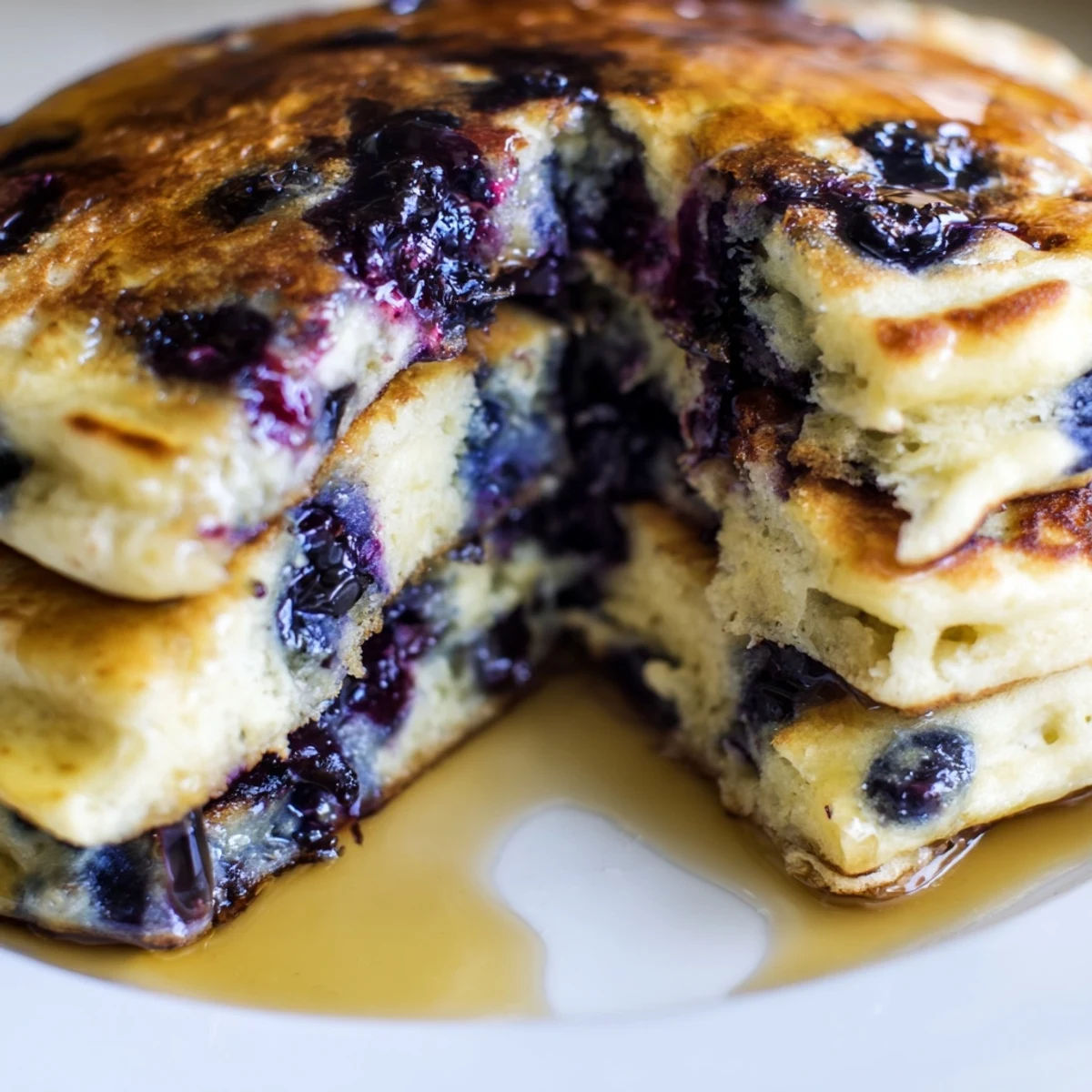 Drizzling maple syrup over a warm stack of Fluffy Greek Yogurt Blueberry Pancakes for a cozy breakfast.