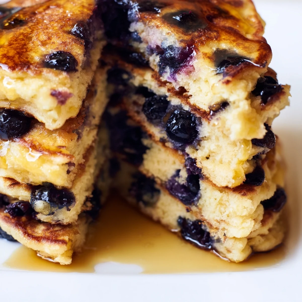 Golden-brown Fluffy Greek Yogurt Blueberry Pancakes sizzling on a griddle with blueberries bursting in the batter.