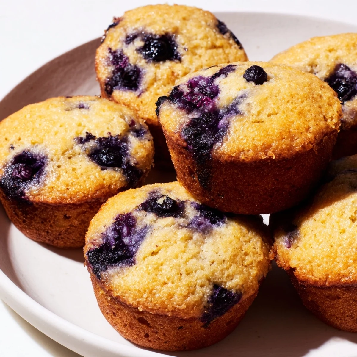 Freshly baked Blueberry Protein Muffins with Greek Yogurt sit on a cooling rack, showing golden tops and bursting blueberries inside.