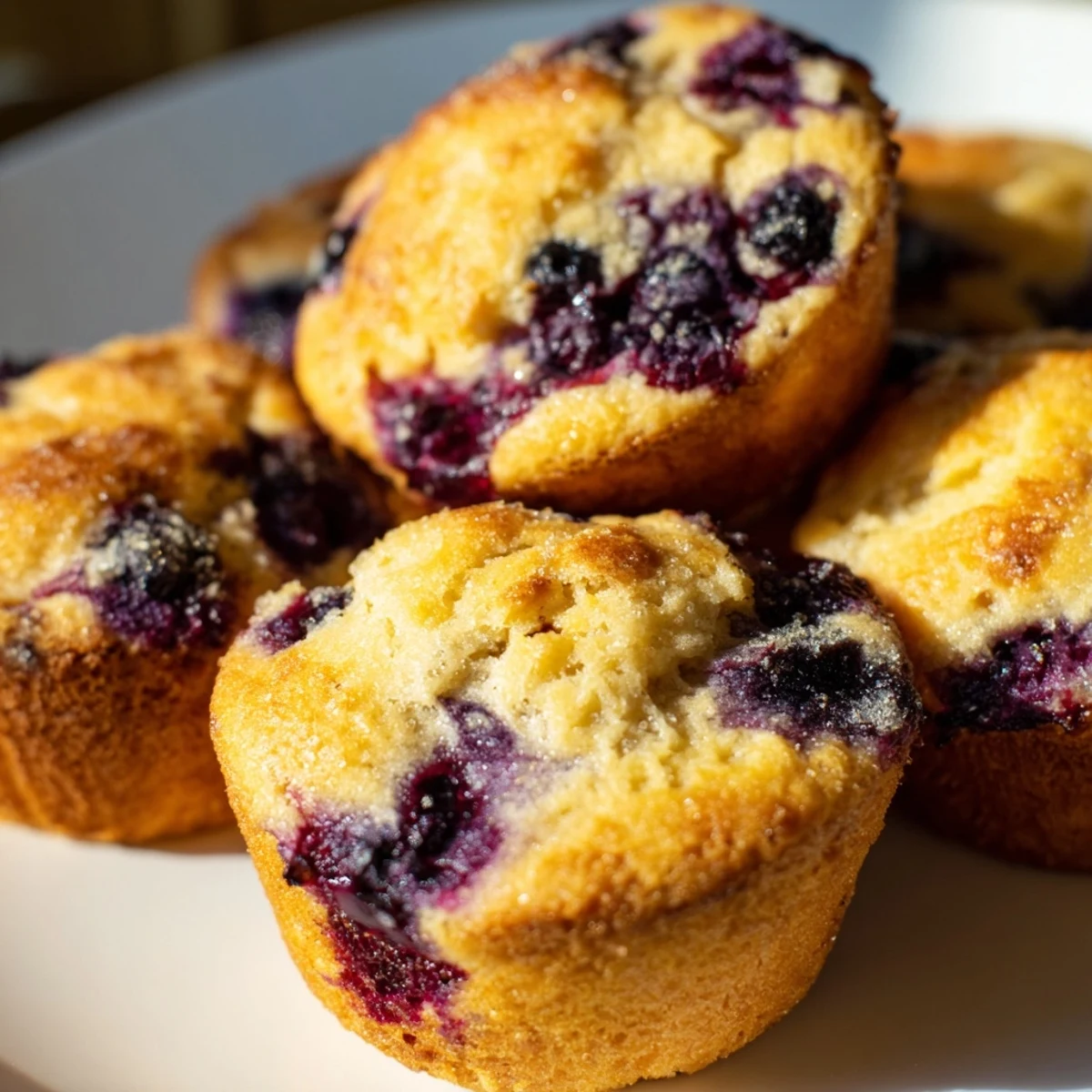 A close-up of Blueberry Protein Muffins with Greek Yogurt reveals moist crumb texture and juicy blueberries nestled in each muffin.