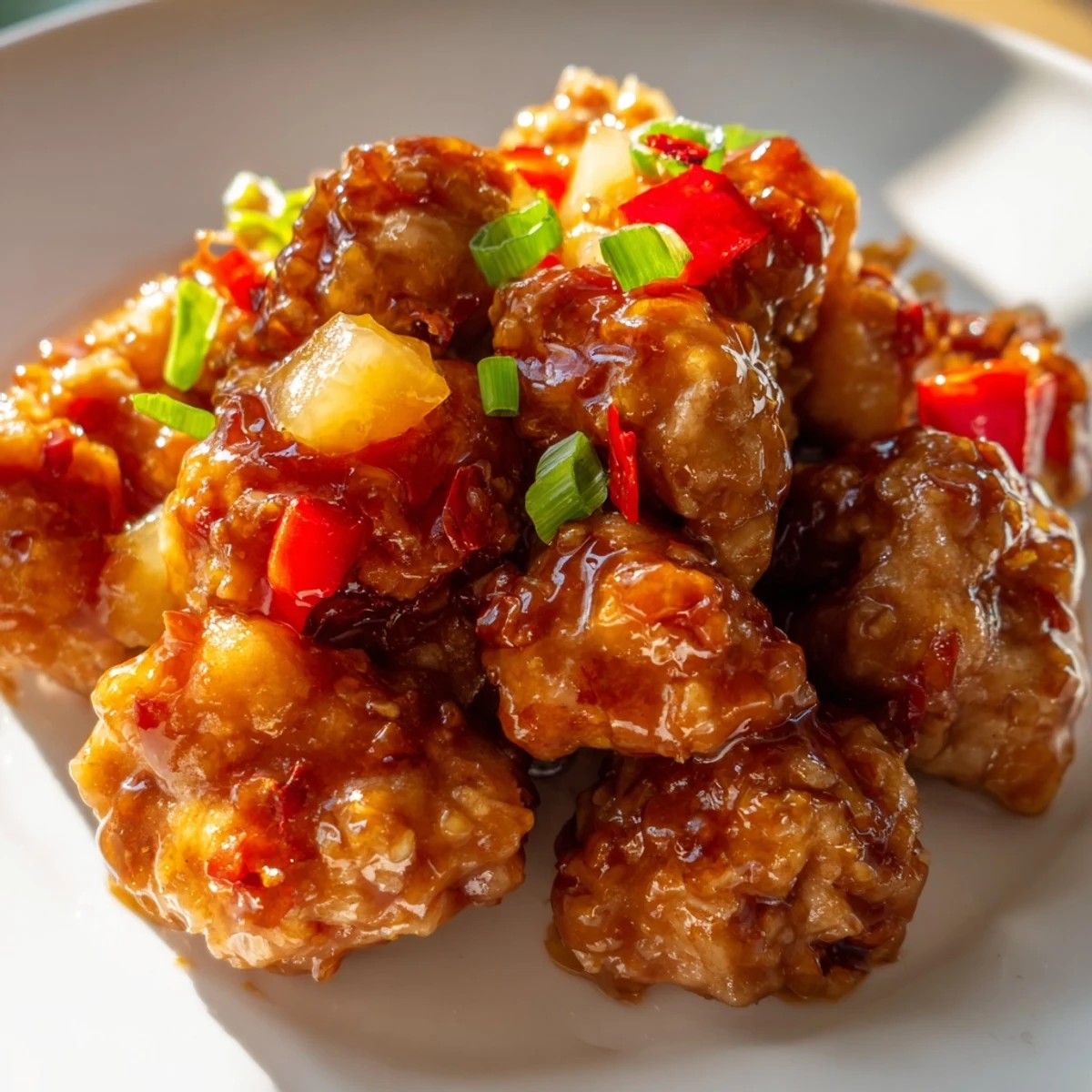 Golden glazed Honey Garlic Pineapple Chicken chunks with fresh pineapple, red bell pepper, and onions in a skillet, garnished with green onions and sesame seeds, ready to serve over steamed rice.