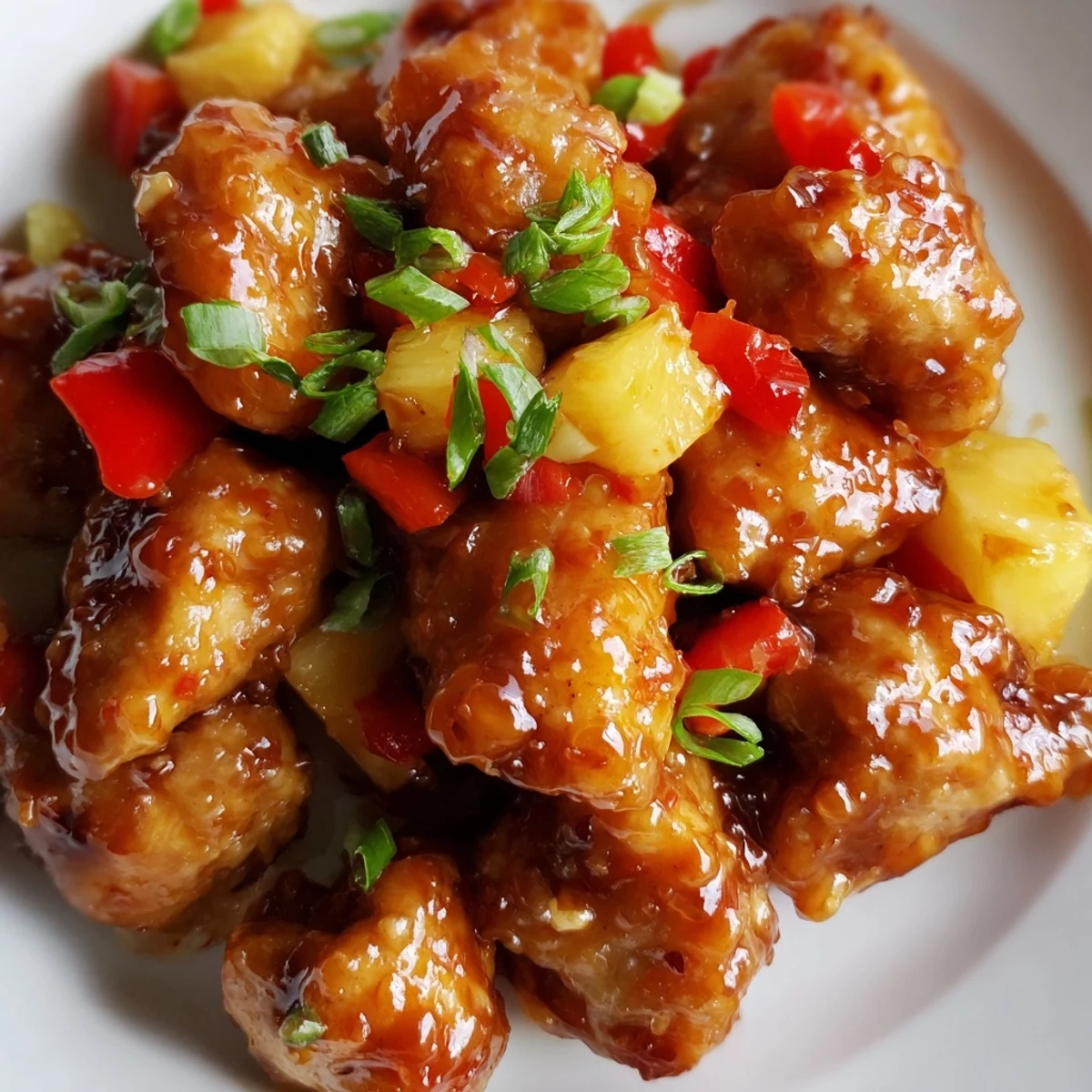 Honey Garlic Pineapple Chicken served in a white bowl over fluffy rice, garnished with sesame seeds and sliced green onions, perfect for a family main dish meal.