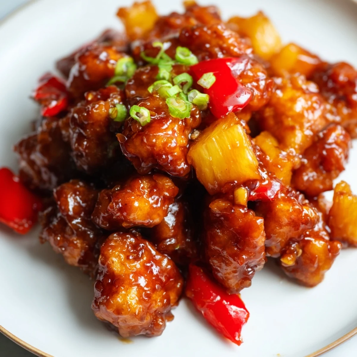 Close-up of Honey Garlic Pineapple Chicken showing tender chicken pieces coated in sticky sweet-savory sauce, with vibrant pineapple chunks and diced red bell pepper for a quick weeknight dinner.