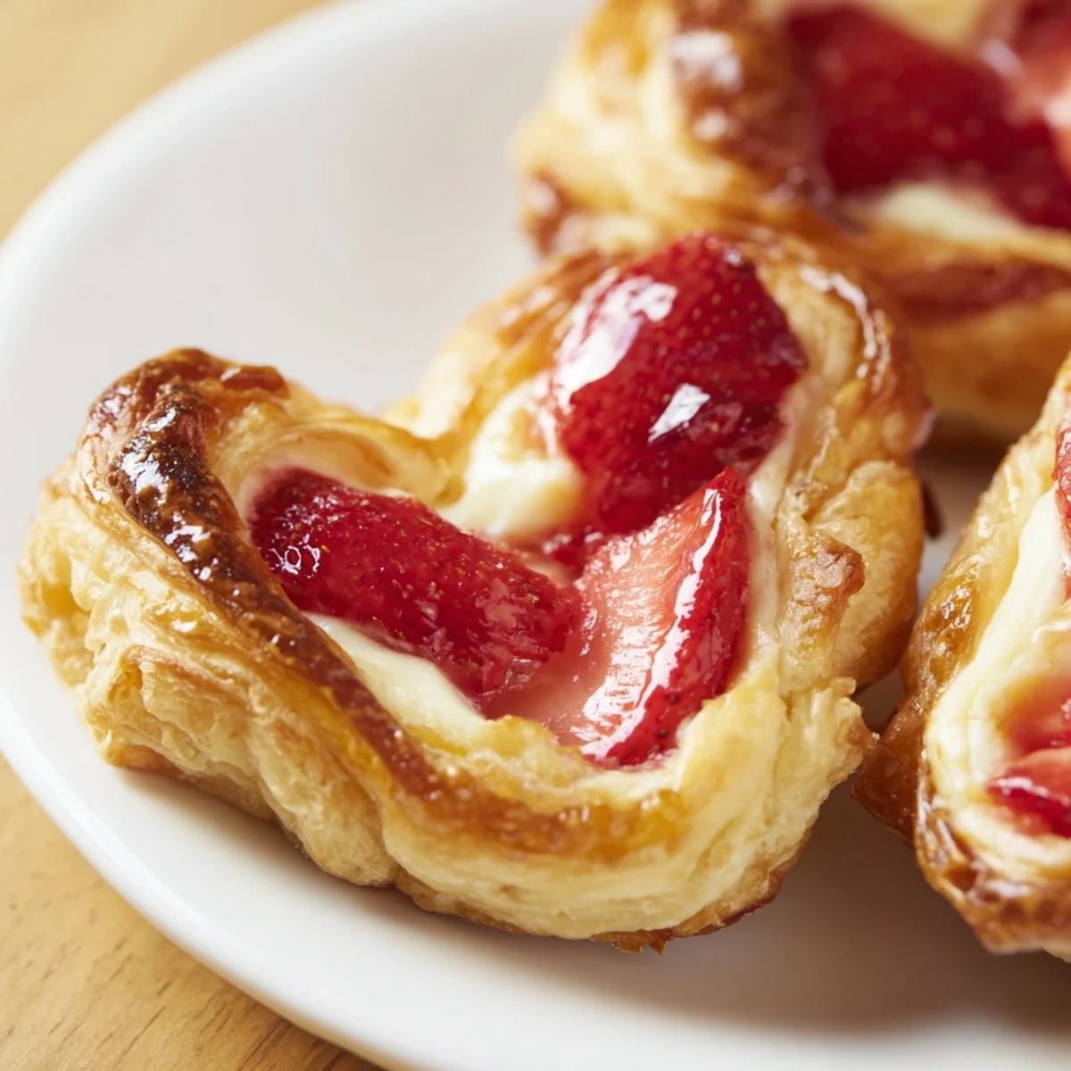 Strawberry Cream Cheese Heart Danishes on a white plate with a cup of coffee nearby.
