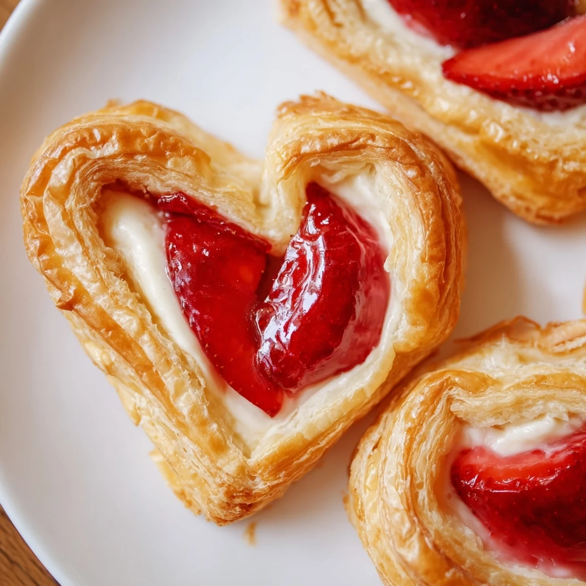 Golden brown flaky heart danishes topped with fresh strawberry slices on a rustic wooden table.