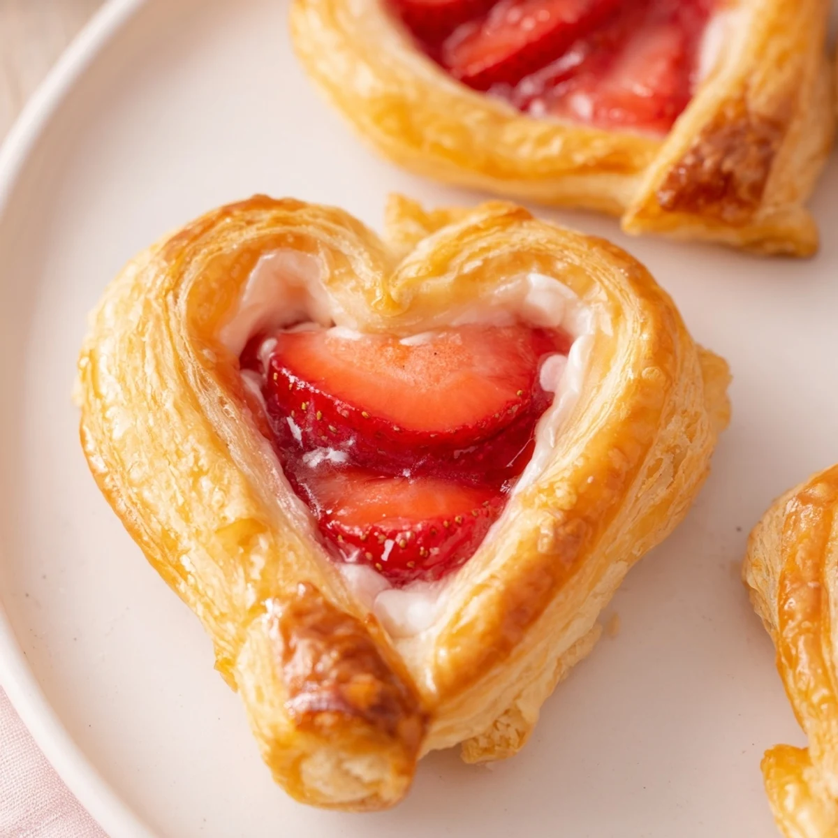 Close-up of Strawberry Cream Cheese Heart Danishes revealing creamy filling and glaze drizzle for breakfast.