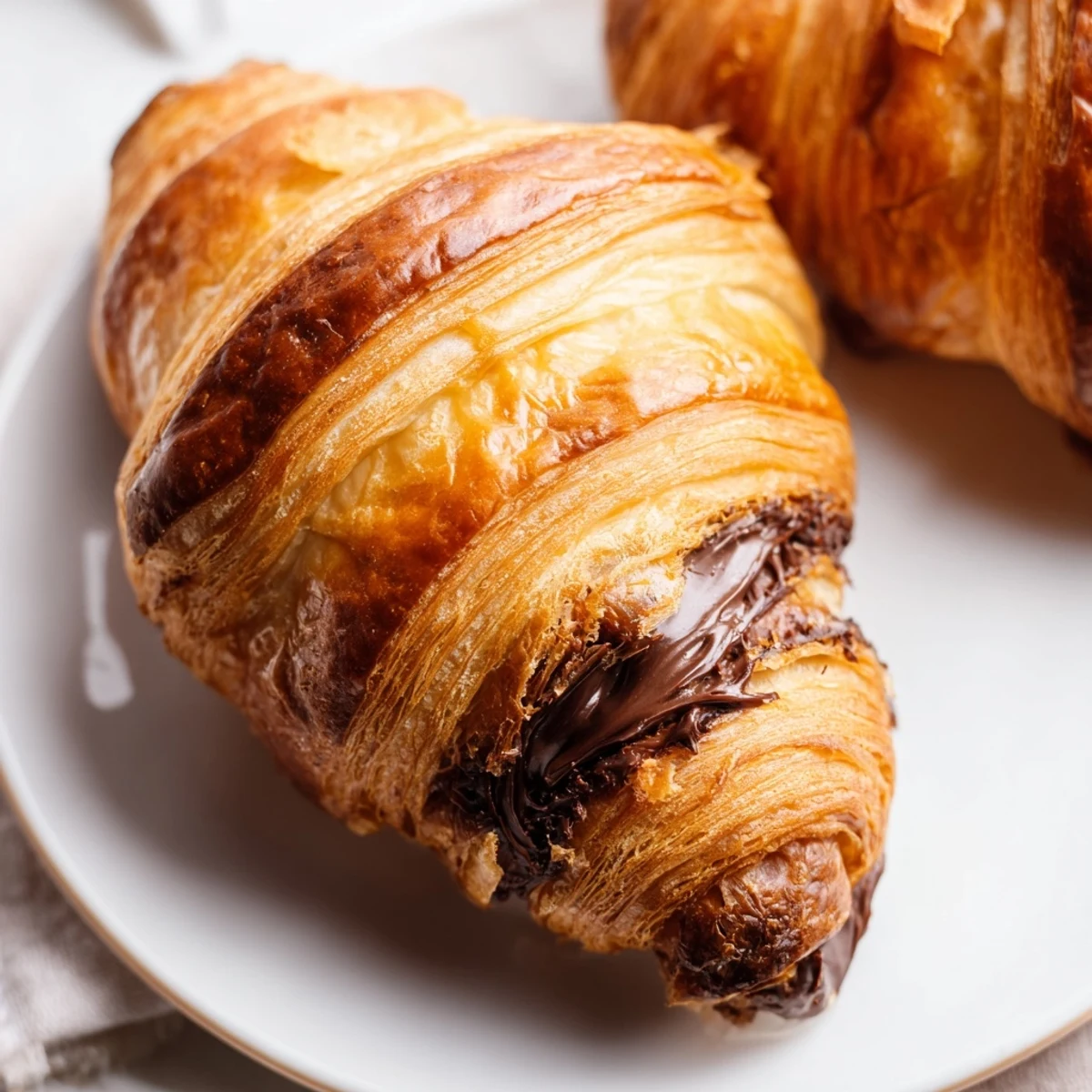Freshly baked homemade chocolate croissants with flaky, golden layers and melted dark chocolate filling.