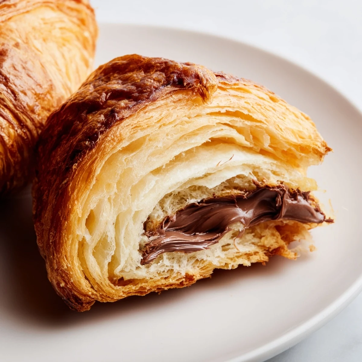 Warm homemade chocolate croissants served on a rustic plate beside a steaming cup of coffee.