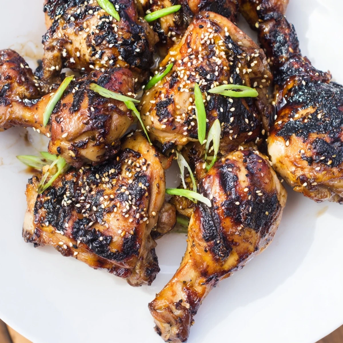 Juicy grilled Hawaiian Huli Huli Chicken thighs glistening with sweet pineapple glaze on a plate.