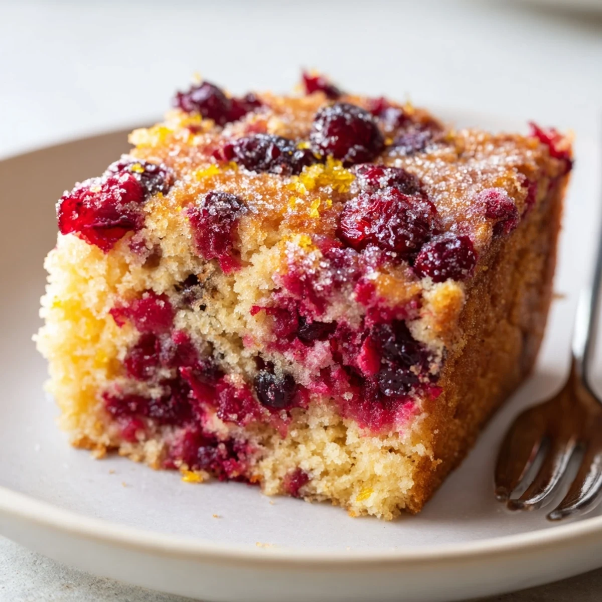 A slice of moist cranberry cake showcases glossy red berries on a buttery crumb and a dusting of sugar.