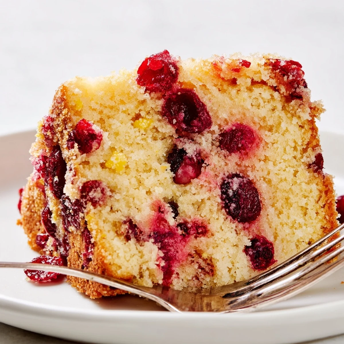 Golden-baked cranberry cake sits warm beside a mug of coffee, with a dollop of whipped cream on top.