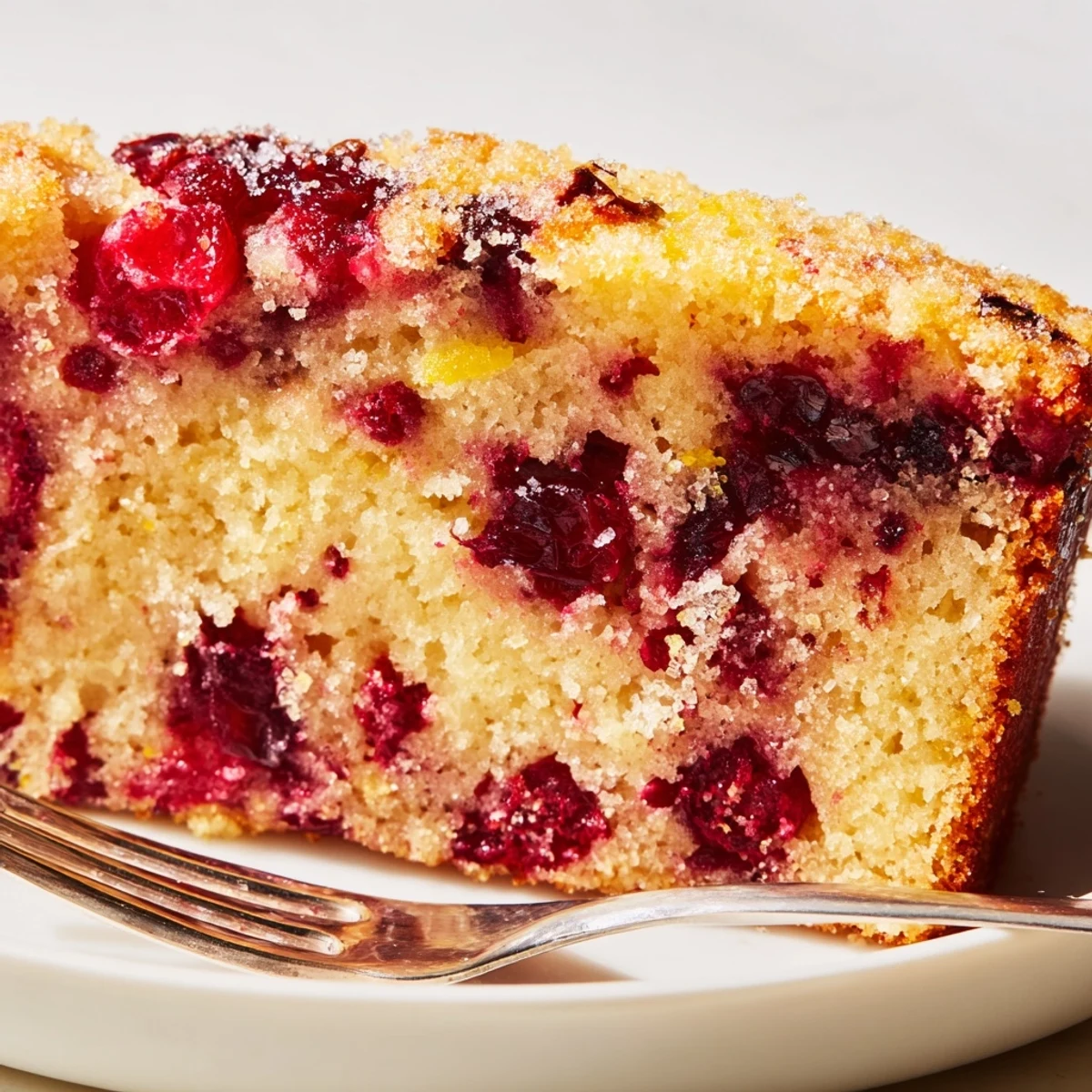 Festive cranberry cake in a round pan features orange zest and turbinado sugar topping for a sweet crunch.